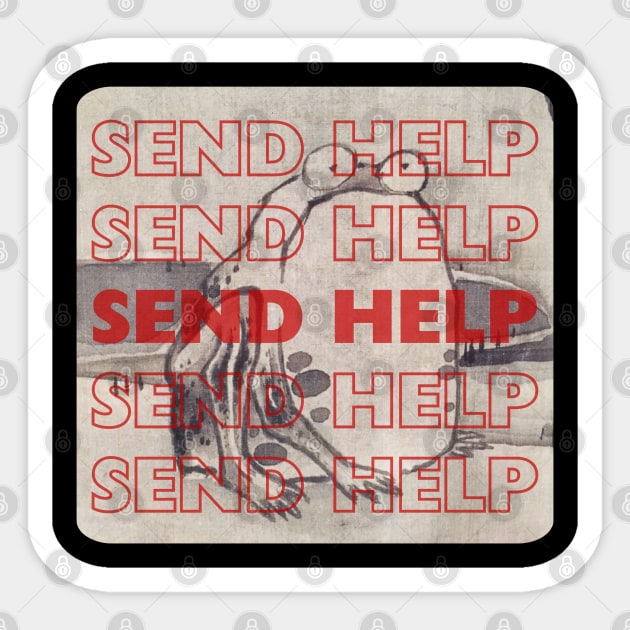 Send Help Funny Weird Japanese Woodblock Frog Design Sticker by Flourescent Flamingo